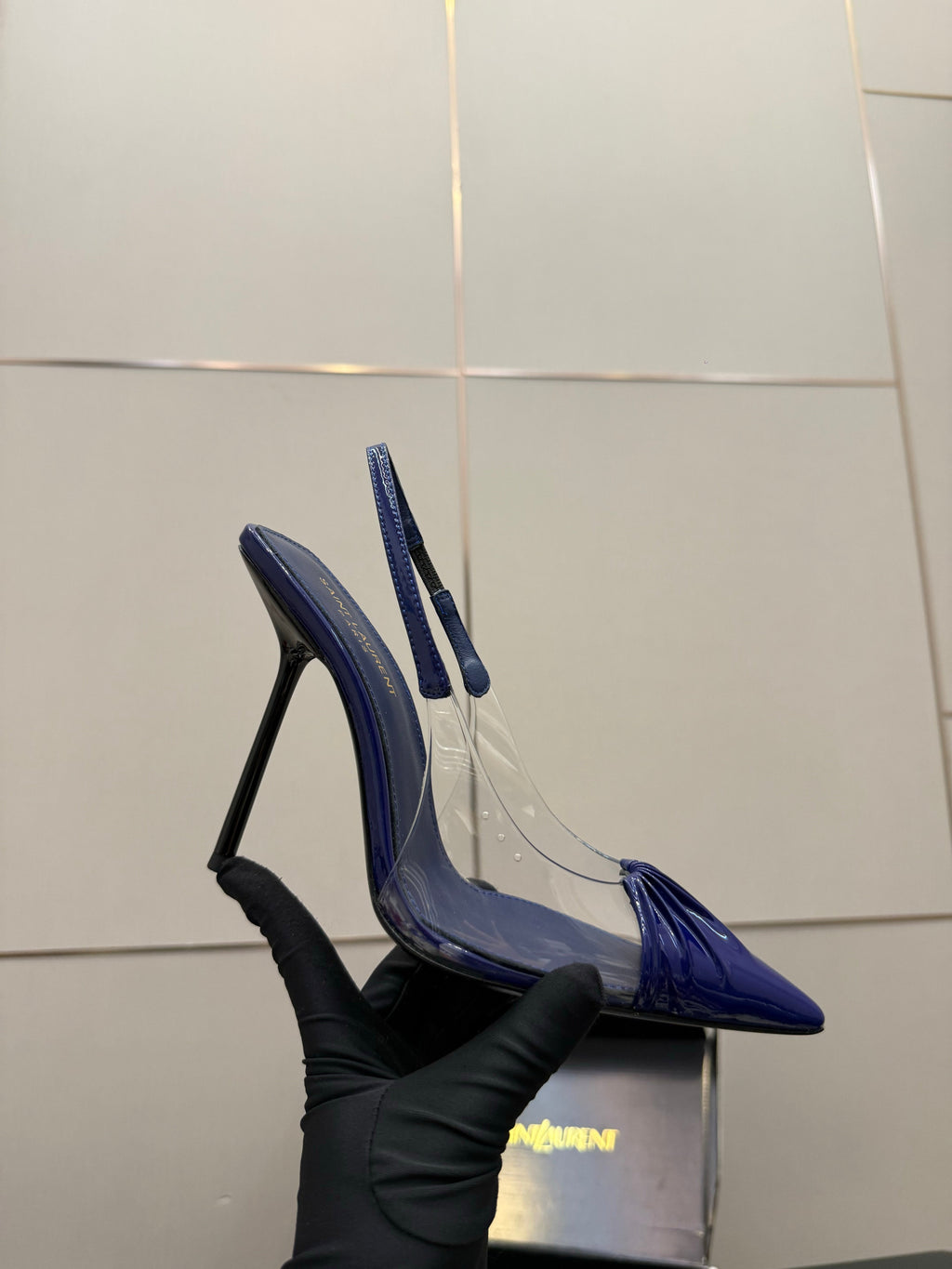 YSL 26S PLEATED SLINGBACK HEELS 105 MM IN NAVY BLUE GLOSSY CALFSKIN AND PVC