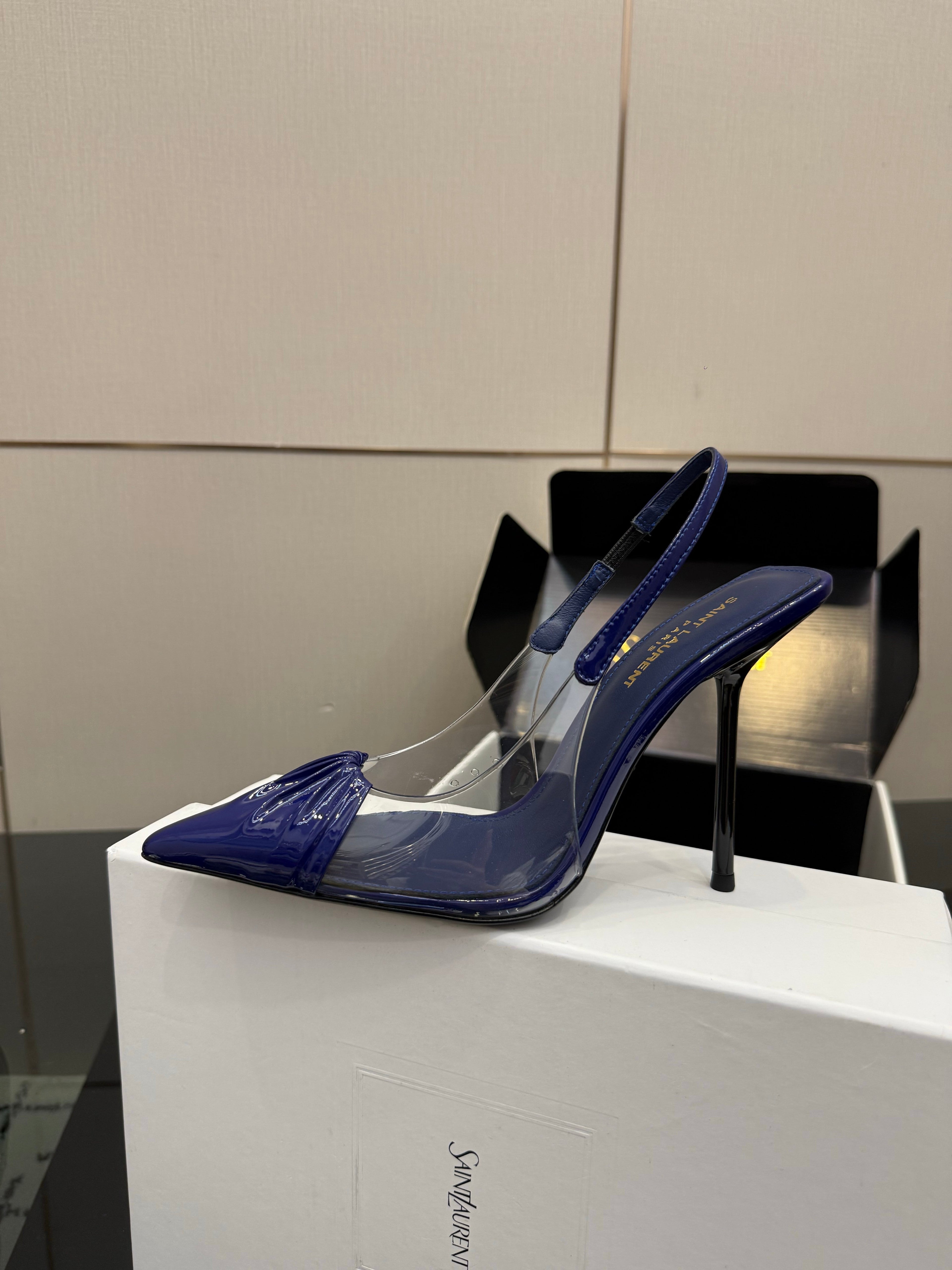 YSL 26S PLEATED SLINGBACK HEELS 105 MM IN NAVY BLUE GLOSSY CALFSKIN AND PVC