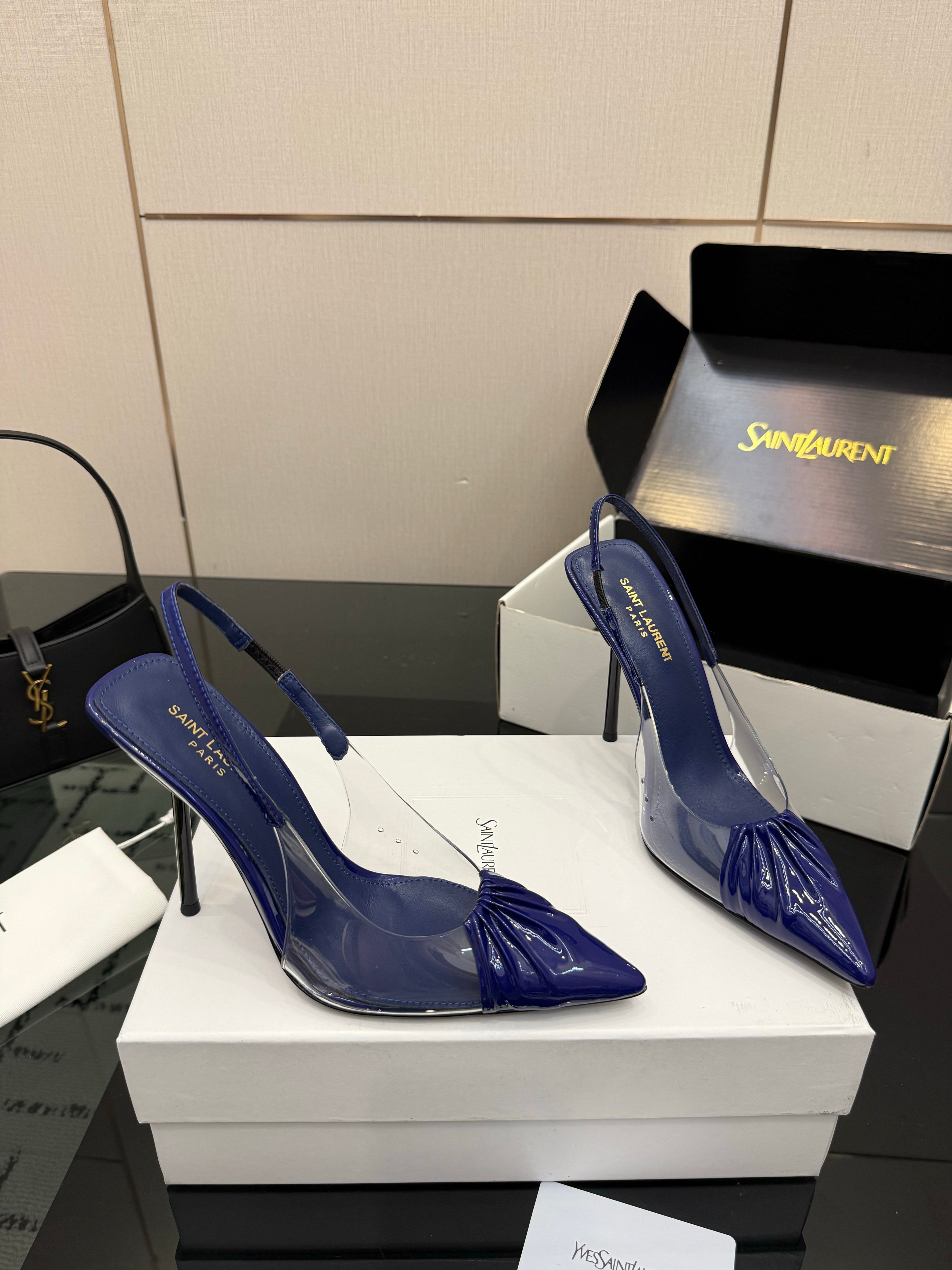 YSL 26S PLEATED SLINGBACK HEELS 105 MM IN NAVY BLUE GLOSSY CALFSKIN AND PVC