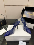 YSL 26S PLEATED SLINGBACK HEELS 105 MM IN NAVY BLUE GLOSSY CALFSKIN AND PVC