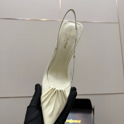 YSL 26S PLEATED SLINGBACK HEELS 105 MM IN CREAM WHITE GLOSSY CALFSKIN AND PVC