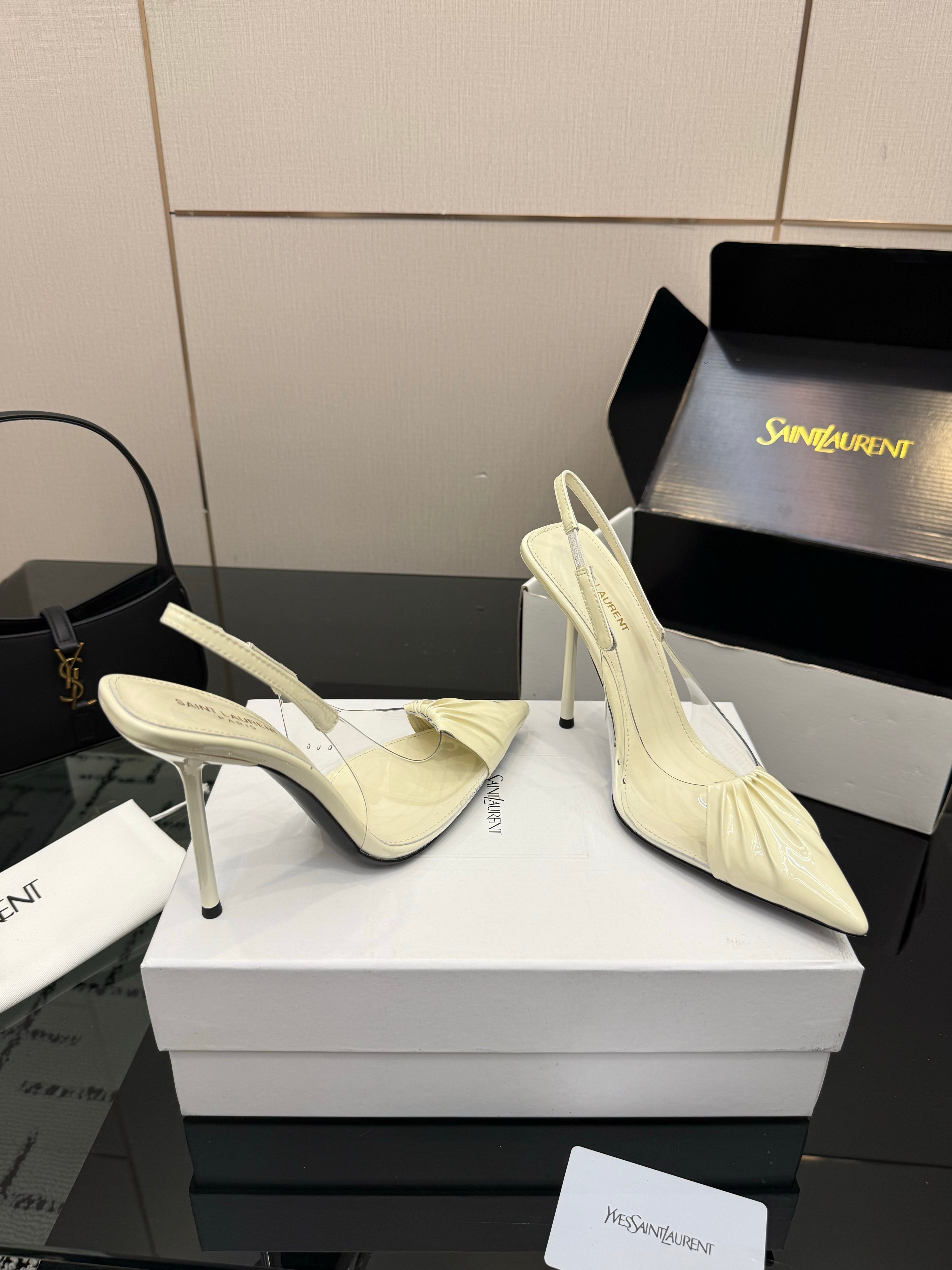 YSL 26S PLEATED SLINGBACK HEELS 105 MM IN CREAM WHITE GLOSSY CALFSKIN AND PVC