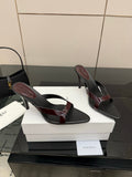 YSL 26S POINTED-TOE SANDALS 90 MM IN DARK RED AND BLACK CALFSKIN