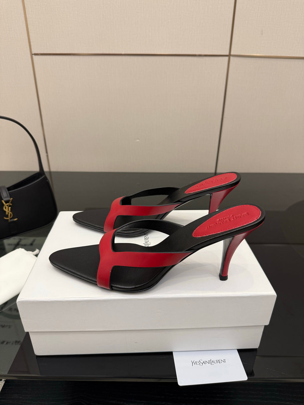 YSL 26S POINTED-TOE SANDALS 90 MM IN RED AND BLACK CALFSKIN