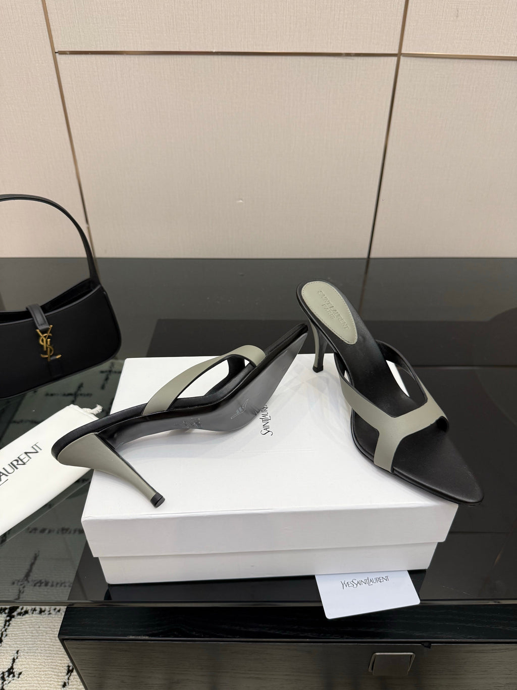 YSL 26S POINTED-TOE SANDALS 90 MM IN GREY AND BLACK CALFSKIN