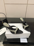 YSL 26S POINTED-TOE SANDALS 90 MM IN GREY AND BLACK CALFSKIN