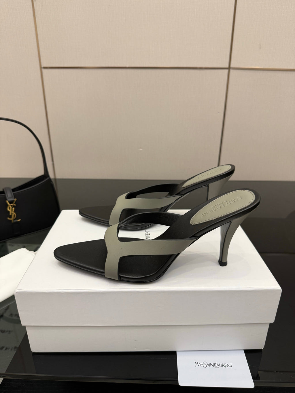 YSL 26S POINTED-TOE SANDALS 90 MM IN GREY AND BLACK CALFSKIN