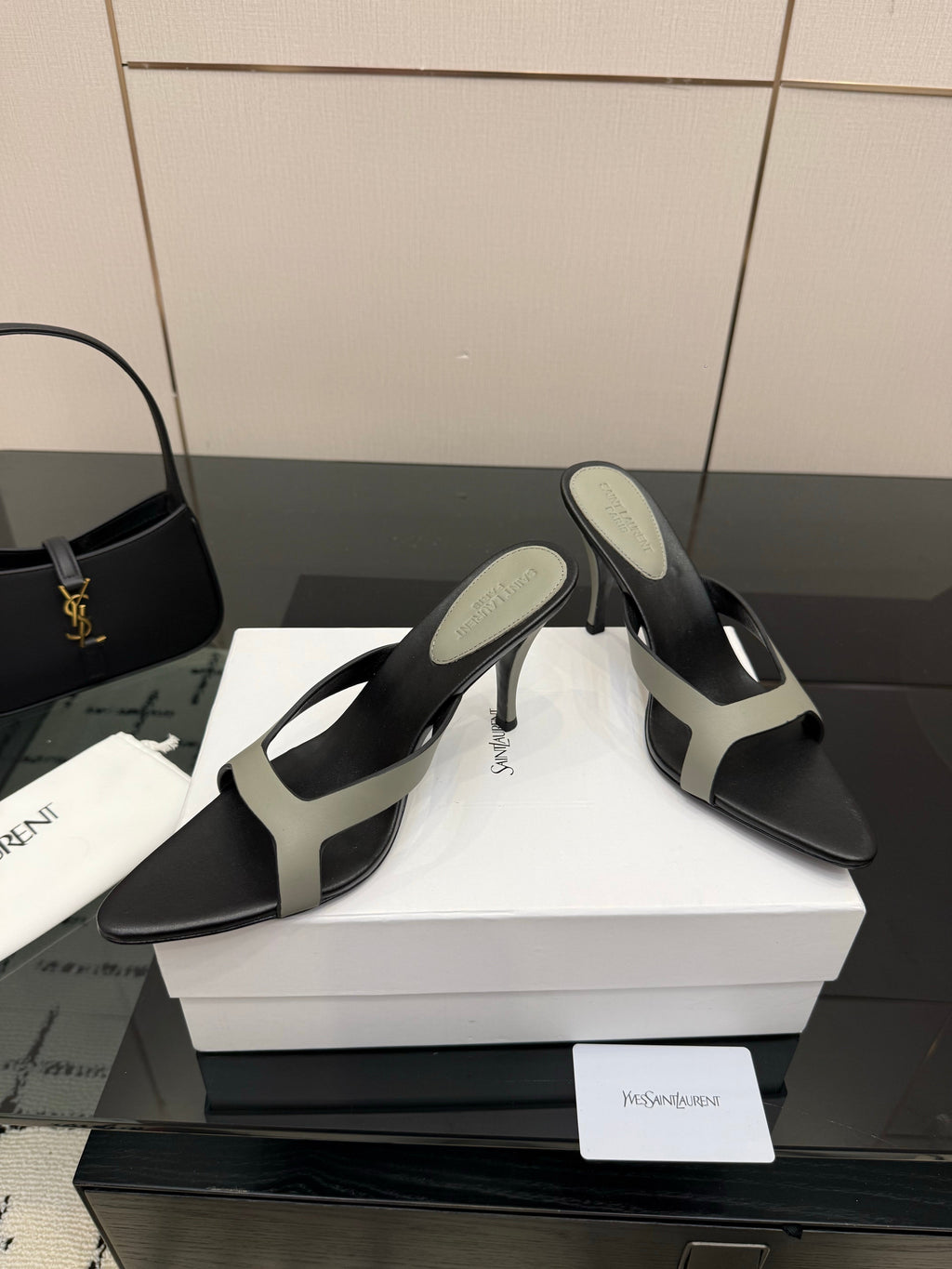 YSL 26S POINTED-TOE SANDALS 90 MM IN GREY AND BLACK CALFSKIN
