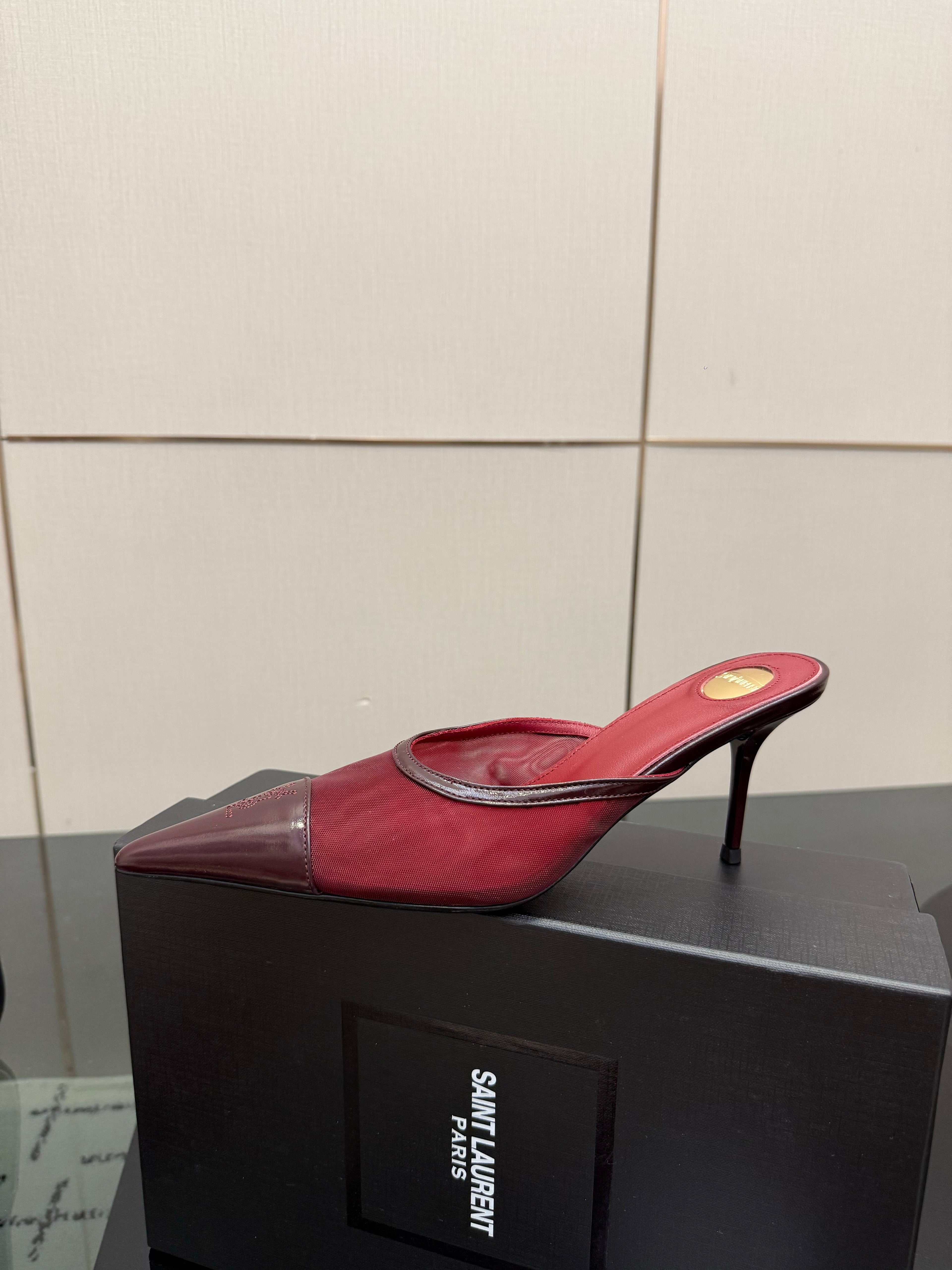 YSL 26S HIGH-HEEL MULES IN DARK RED CALFSKIN AND MESH FABRIC
