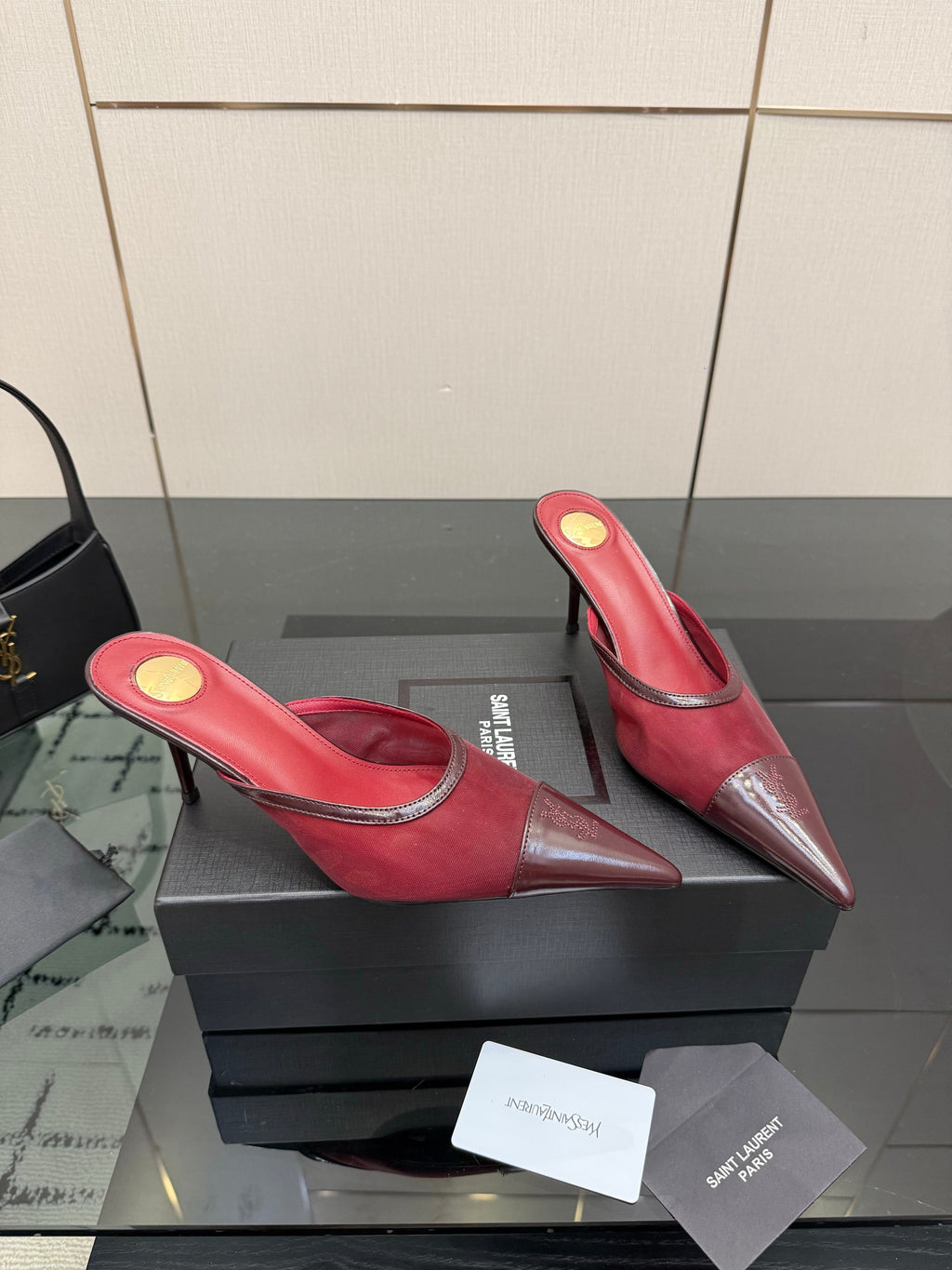 YSL 26S HIGH-HEEL MULES IN DARK RED CALFSKIN AND MESH FABRIC