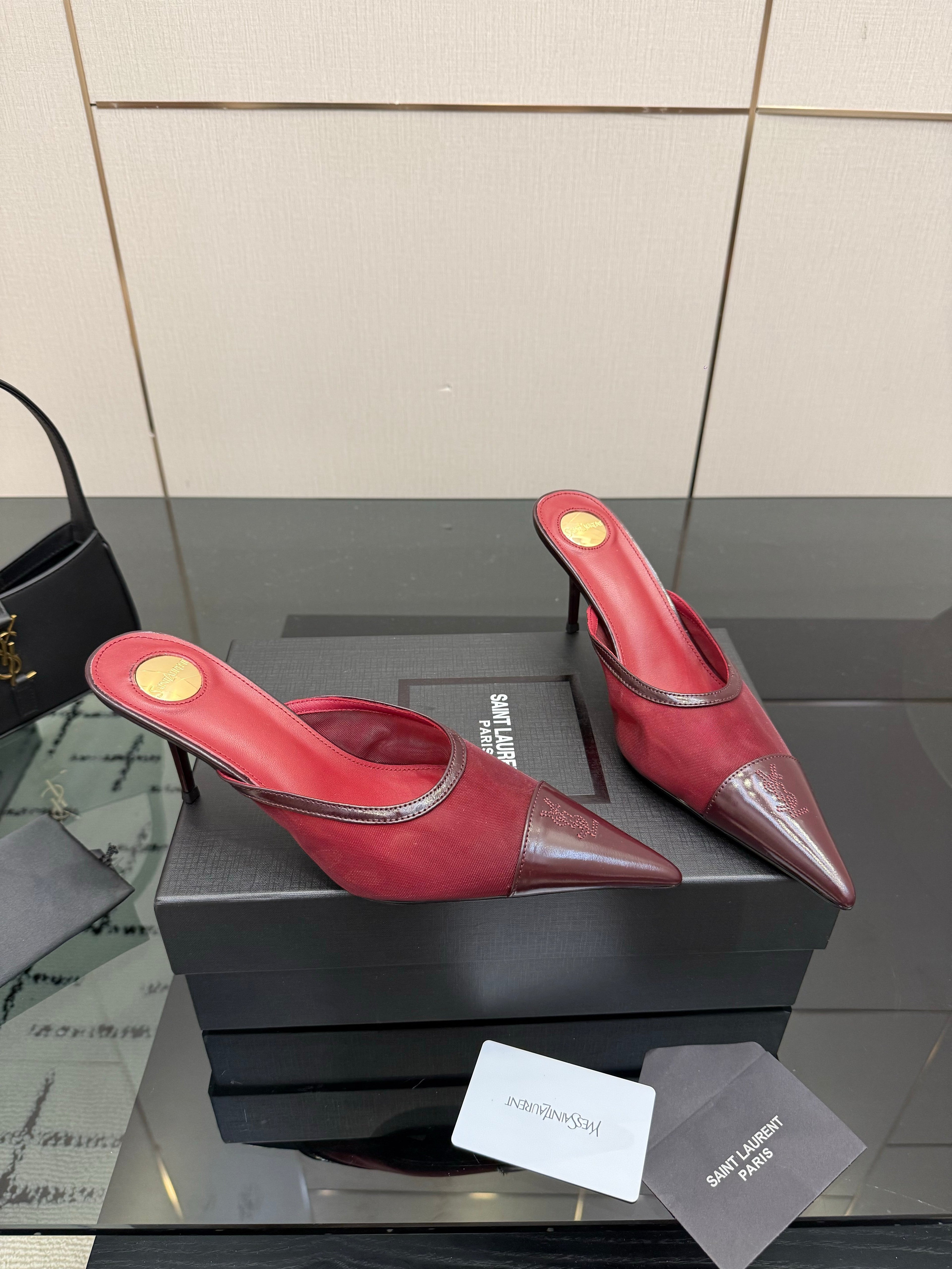 YSL 26S HIGH-HEEL MULES IN DARK RED CALFSKIN AND MESH FABRIC