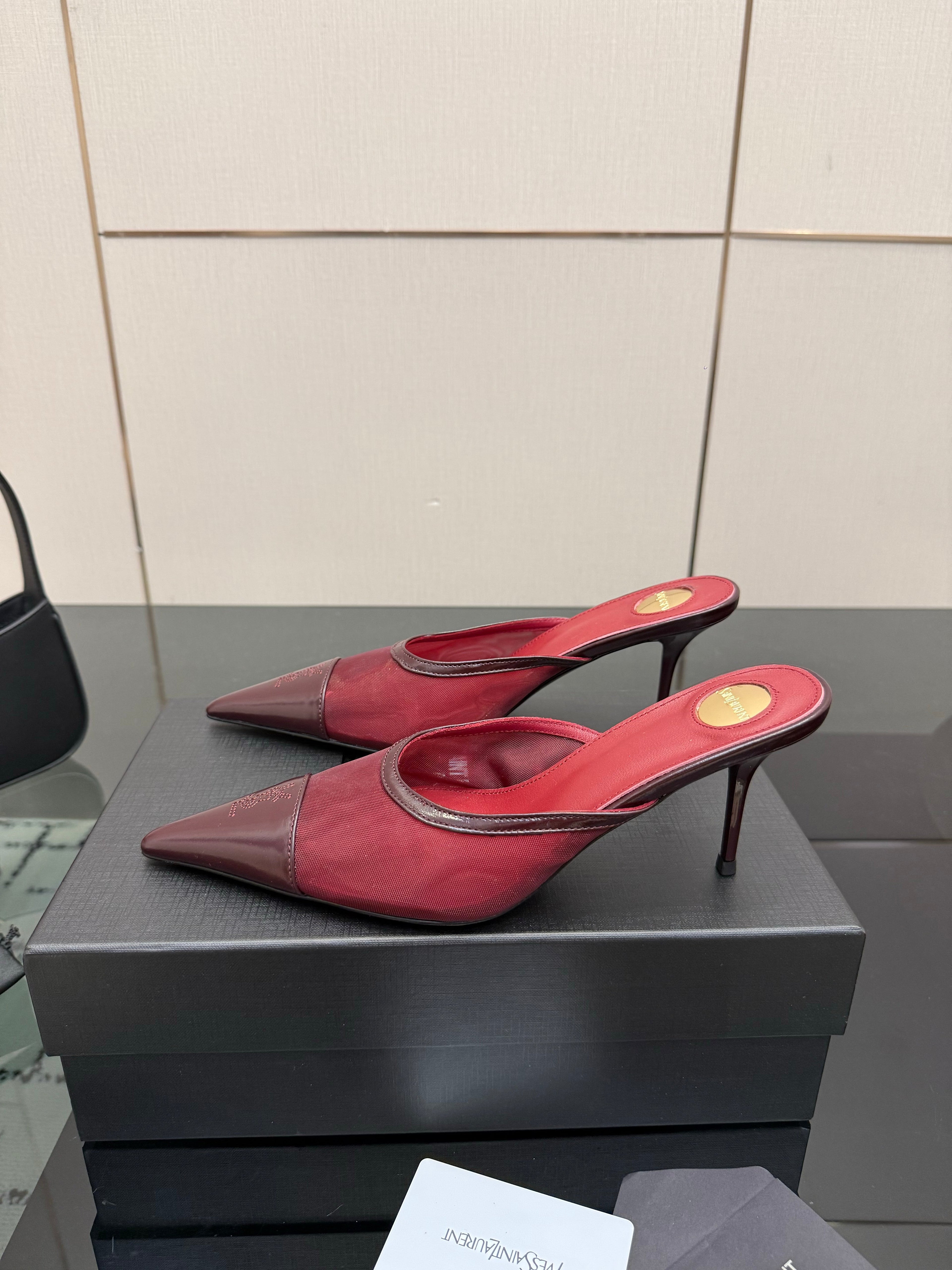 YSL 26S HIGH-HEEL MULES IN DARK RED CALFSKIN AND MESH FABRIC