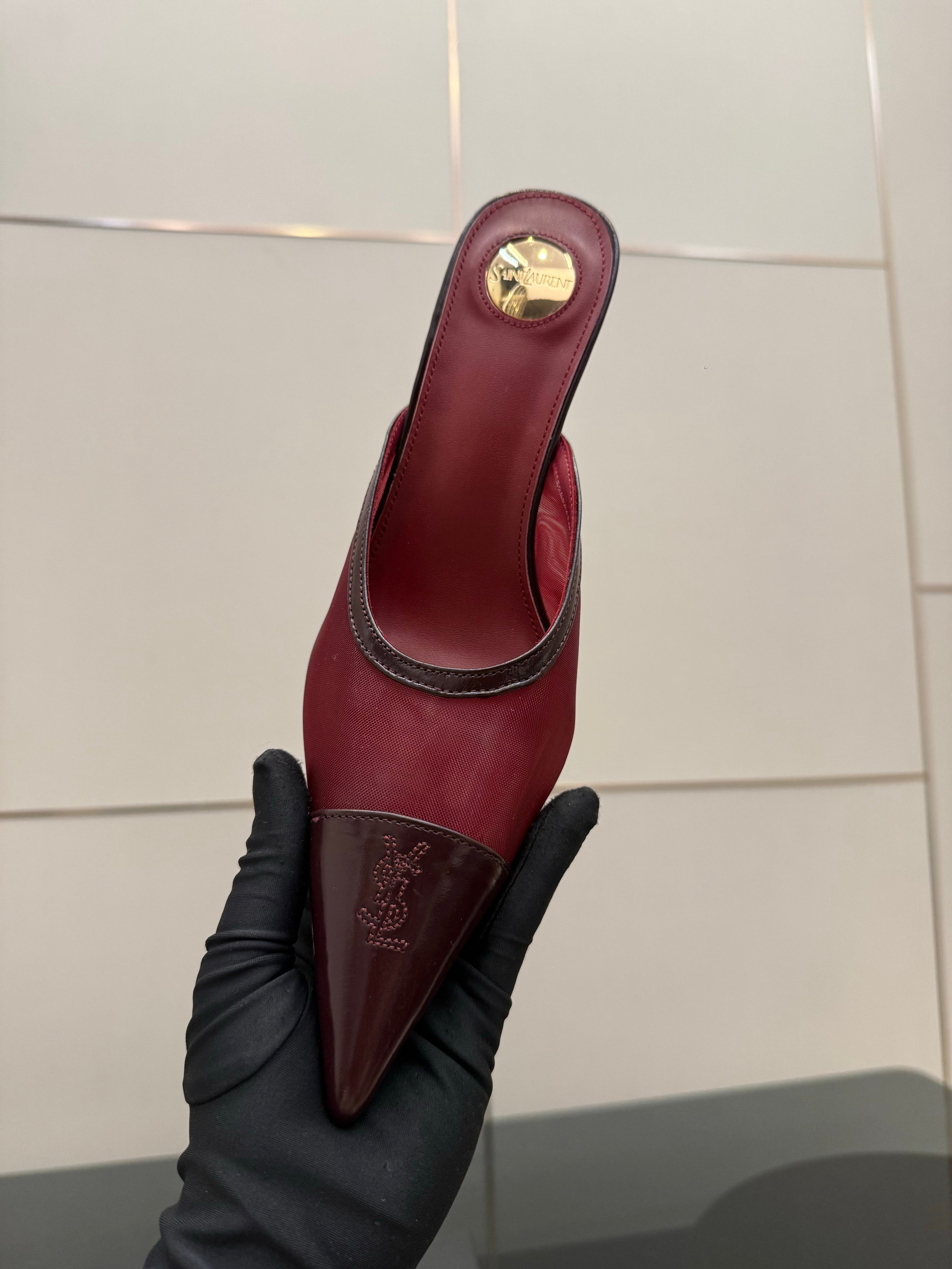 YSL 26S HIGH-HEEL MULES IN DARK RED CALFSKIN AND MESH FABRIC
