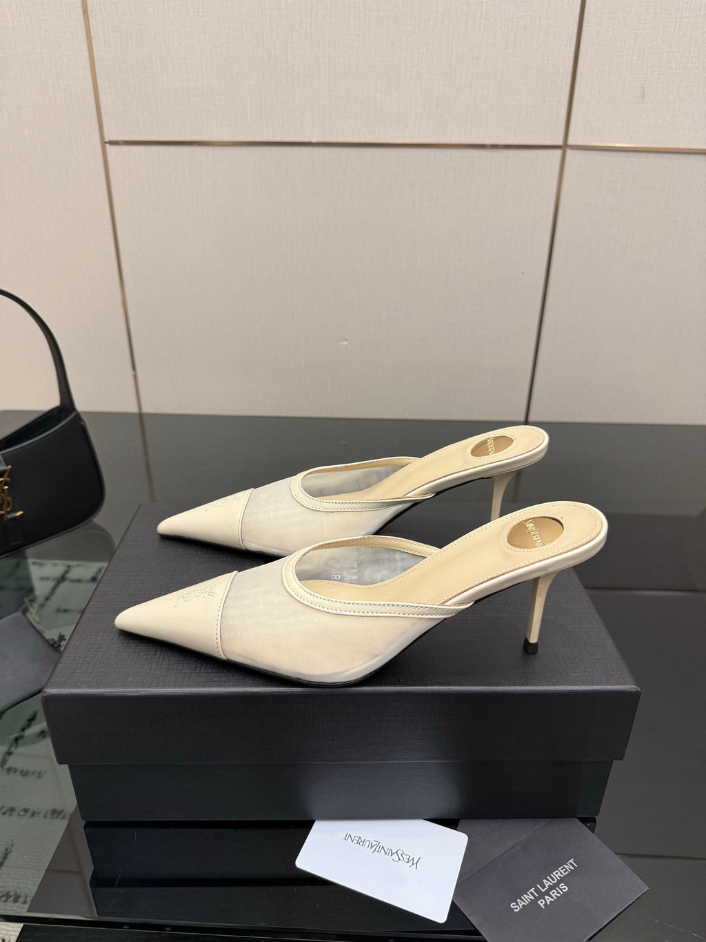 YSL 26S HIGH-HEEL MULES IN BEIGE CALFSKIN AND MESH FABRIC