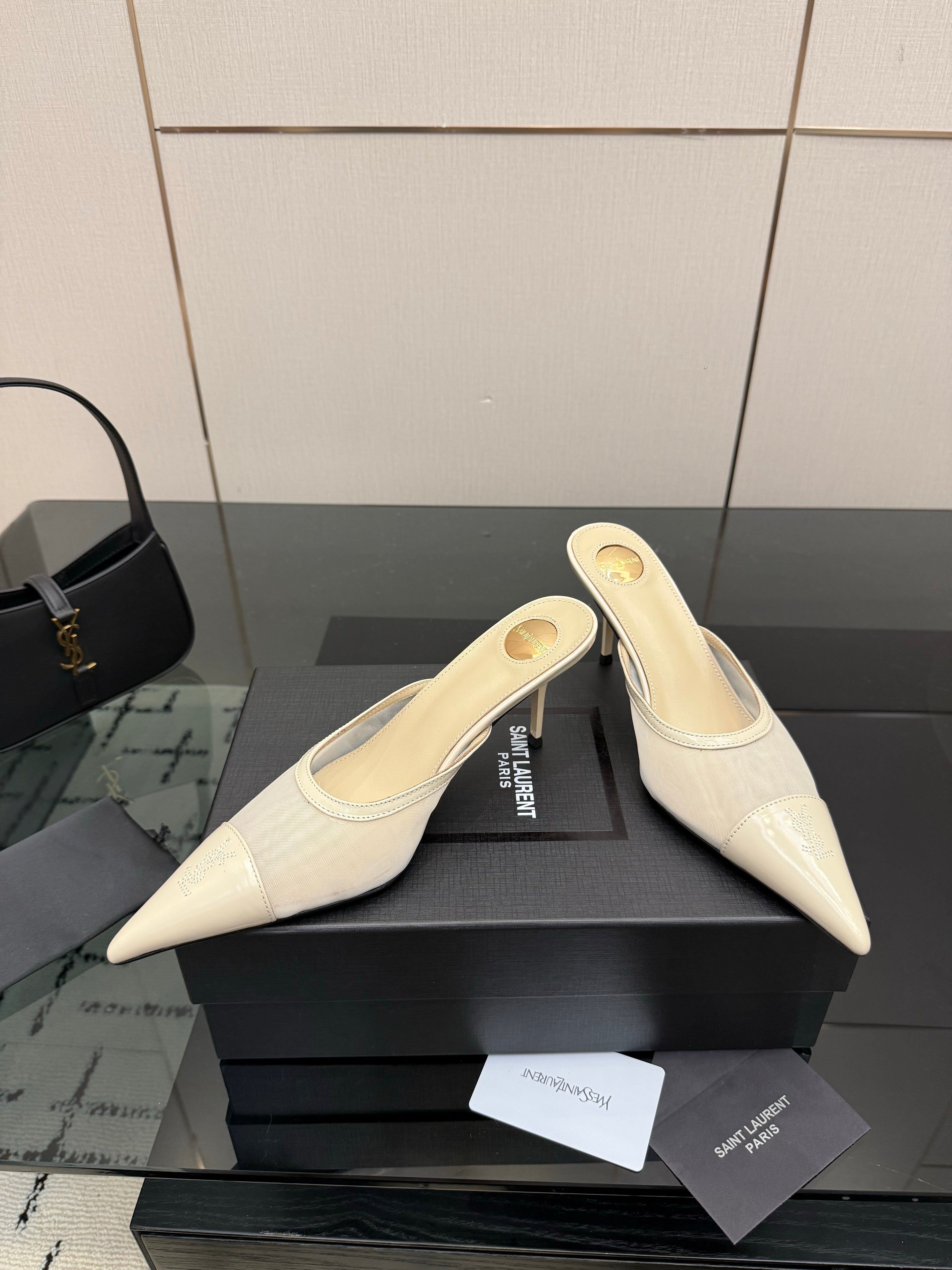 YSL 26S HIGH-HEEL MULES IN BEIGE CALFSKIN AND MESH FABRIC