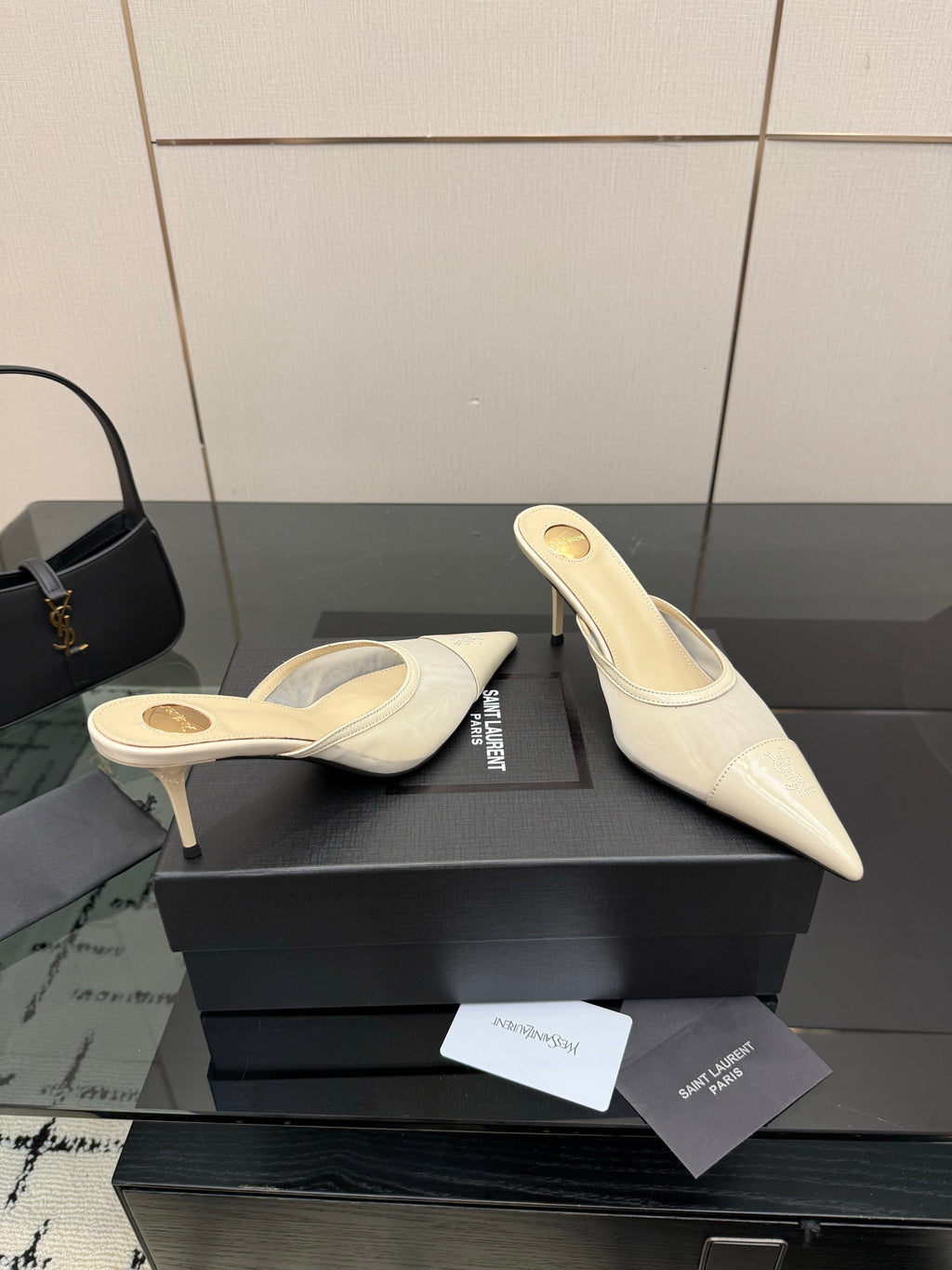 YSL 26S HIGH-HEEL MULES IN BEIGE CALFSKIN AND MESH FABRIC