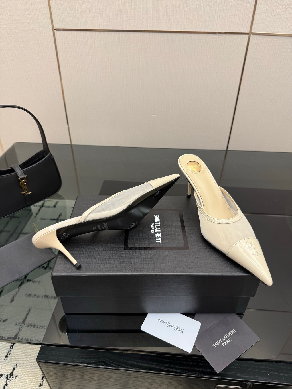 YSL 26S HIGH-HEEL MULES IN BEIGE CALFSKIN AND MESH FABRIC