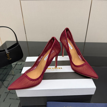 AQUAZZURA 26S OPTIC PUMPS 100 MM IN DARK RED PLEATED MESH & SATIN