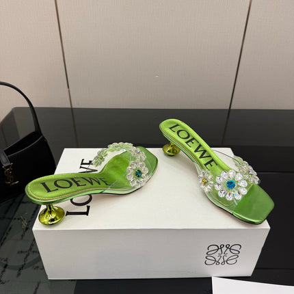 LOEWE 26S MULE HEELS 45MM IN GREEN PVC WITH CRYSTAL FLORAL