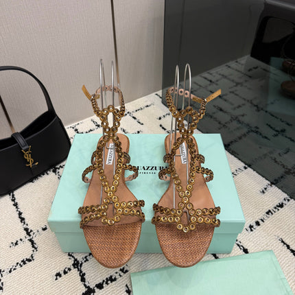 AQUAZZURA 26S ANKLE-STRAP SANDALS IN BROWN WOVEN FABRIC