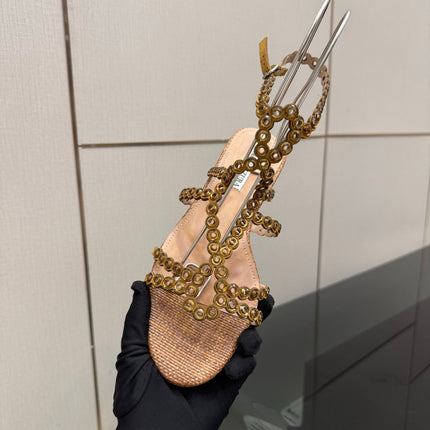 AQUAZZURA 26S ANKLE-STRAP SANDALS IN BROWN WOVEN FABRIC