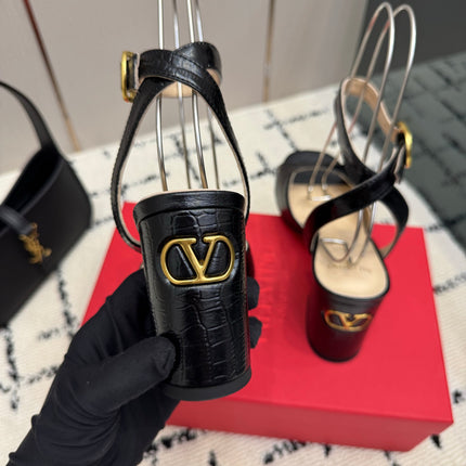 VALENTINO 26S SQUARE TOE ANKLE STRAP SANDALS IN BLACK CROC-EMBOSSED LEATHER