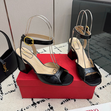VALENTINO 26S SQUARE TOE ANKLE STRAP SANDALS IN BLACK CROC-EMBOSSED LEATHER