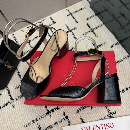 VALENTINO 26S SQUARE TOE ANKLE STRAP SANDALS IN BLACK CROC-EMBOSSED LEATHER