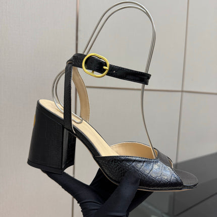VALENTINO 26S SQUARE TOE ANKLE STRAP SANDALS IN BLACK CROC-EMBOSSED LEATHER