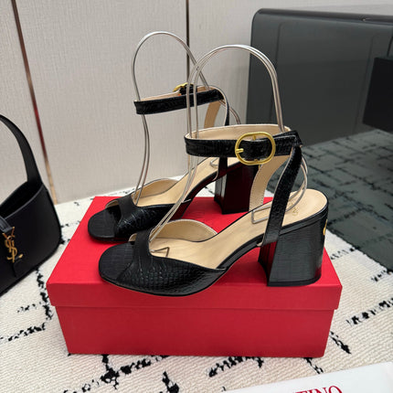 VALENTINO 26S SQUARE TOE ANKLE STRAP SANDALS IN BLACK CROC-EMBOSSED LEATHER