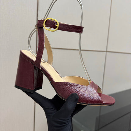 VALENTINO 26S SQUARE TOE ANKLE STRAP SANDALS IN DARK RED CROC-EMBOSSED LEATHER