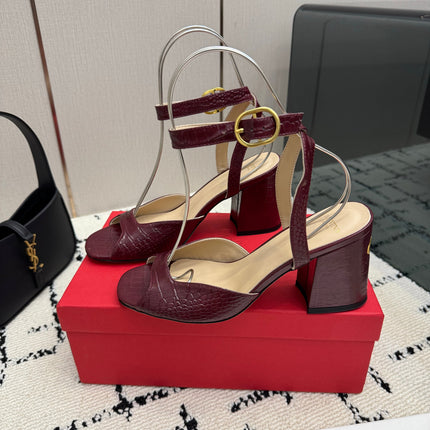 VALENTINO 26S SQUARE TOE ANKLE STRAP SANDALS IN DARK RED CROC-EMBOSSED LEATHER