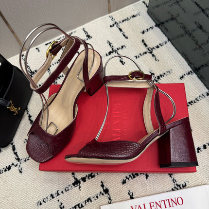 VALENTINO 26S SQUARE TOE ANKLE STRAP SANDALS IN DARK RED CROC-EMBOSSED LEATHER