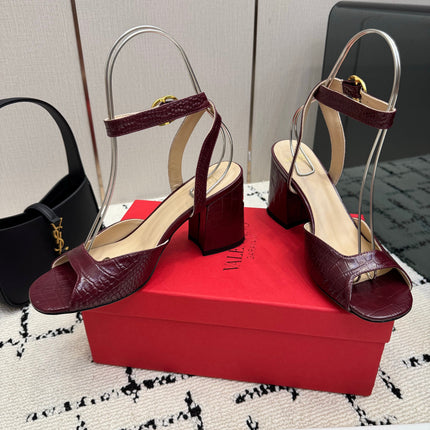 VALENTINO 26S SQUARE TOE ANKLE STRAP SANDALS IN DARK RED CROC-EMBOSSED LEATHER