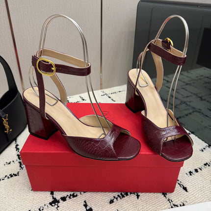 VALENTINO 26S SQUARE TOE ANKLE STRAP SANDALS IN DARK RED CROC-EMBOSSED LEATHER