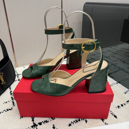 VALENTINO 26S SQUARE TOE ANKLE STRAP SANDALS IN DARK GREEN CROC-EMBOSSED LEATHER