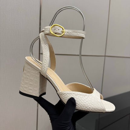 VALENTINO 26S SQUARE-TOE ANKLE-STRAP SANDALS IN CREAM WHITE CROC-EMBOSSED LEATHER