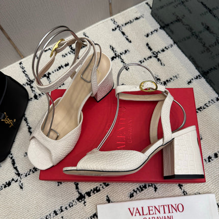 VALENTINO 26S SQUARE-TOE ANKLE-STRAP SANDALS IN CREAM WHITE CROC-EMBOSSED LEATHER