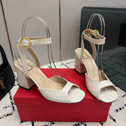 VALENTINO 26S SQUARE-TOE ANKLE-STRAP SANDALS IN CREAM WHITE CROC-EMBOSSED LEATHER