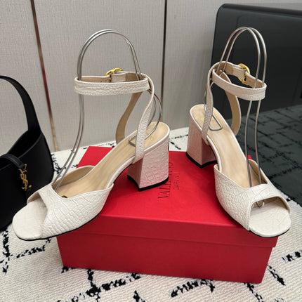 VALENTINO 26S SQUARE-TOE ANKLE-STRAP SANDALS IN CREAM WHITE CROC-EMBOSSED LEATHER