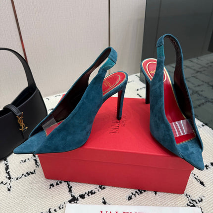 VALENTINO 26S POINTED-TOE SLINGBACKS IN TEAL BLUE SUEDE