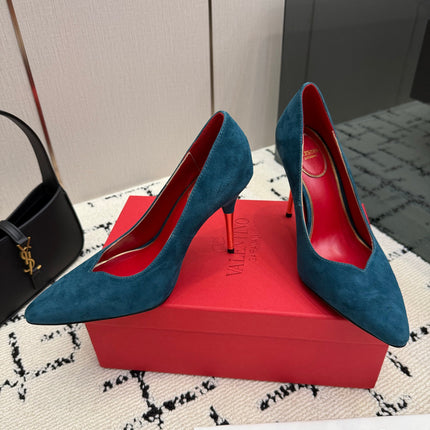 VALENTINO 26S HIGH HEELS 100 MM IN DEEP TEAL BLUE SUEDE