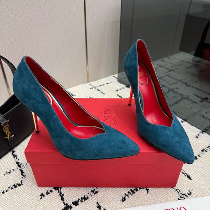 VALENTINO 26S HIGH HEELS 100 MM IN DEEP TEAL BLUE SUEDE