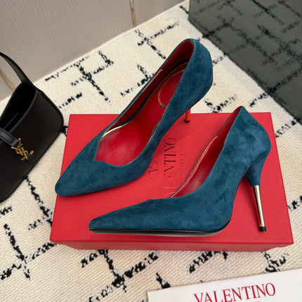 VALENTINO 26S HIGH HEELS 100 MM IN DEEP TEAL BLUE SUEDE