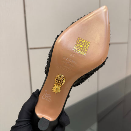AQUAZZURA 26S HEEL MULES 85 MM IN BLACK SEQUIN AND CALFSKIN