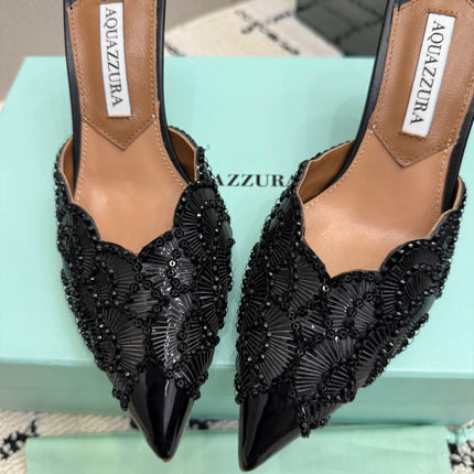 AQUAZZURA 26S HEEL MULES 85 MM IN BLACK SEQUIN AND CALFSKIN