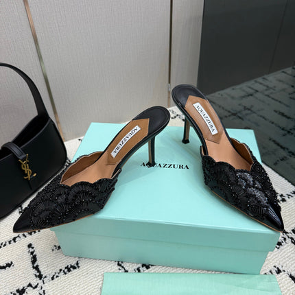 AQUAZZURA 26S HEEL MULES 85 MM IN BLACK SEQUIN AND CALFSKIN