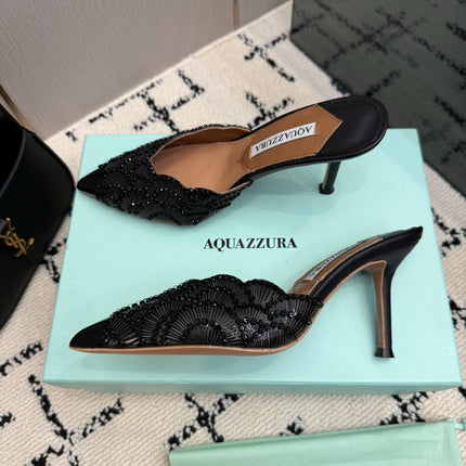 AQUAZZURA 26S HEEL MULES 85 MM IN BLACK SEQUIN AND CALFSKIN