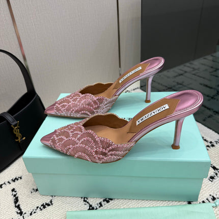 AQUAZZURA 26S HEEL MULES 85 MM IN METALLIC PINK SEQUIN AND CALFSKIN