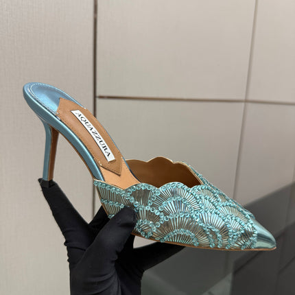 AQUAZZURA 26S HEEL MULES 85 MM IN METALLIC LIGHT BLUE SEQUIN AND CALFSKIN